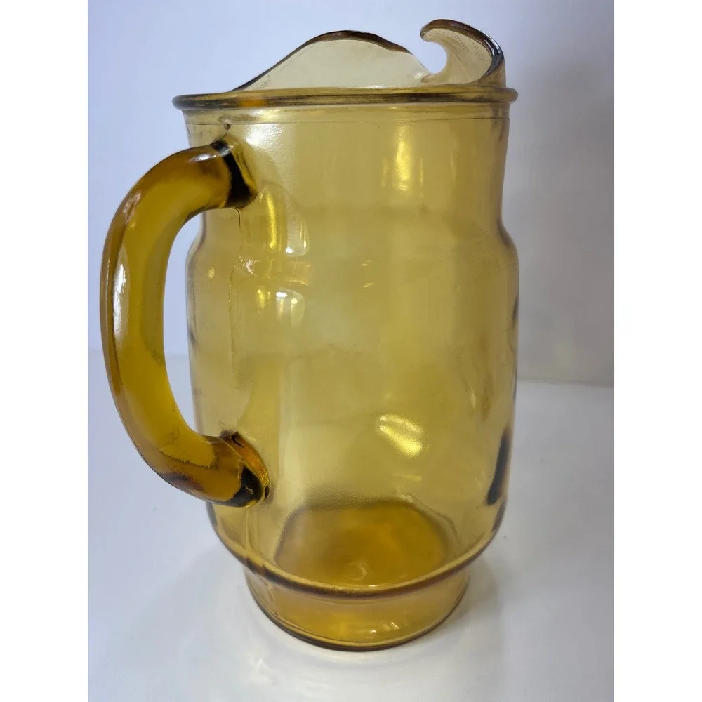 Anchor Hocking Tall Glass Pitcher Ice Lip Handle Amber Yellow Vintage 9 inch